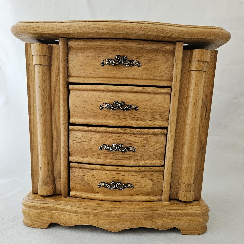 Vntg Jewelry Box Wooden 3 Drawers 2 Side Doors Top Mirror W/Inside Storage
